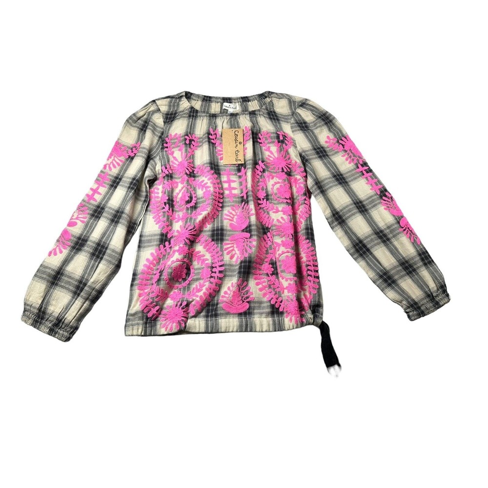 Cousin earl top Blouse XS NWT Embroidered Plaid Long‎ Sleeve Pink